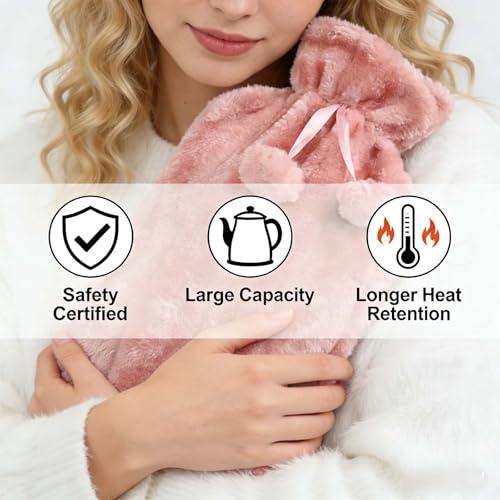 Hot Water Bottle with Cover 2L – PVC Heat Pack for Menstrual Cramps, Back Pain & Bed Warmer – Leakproof Hot & Cold Compress, Ultra-Soft Touch, Ideal for Hand/Feet Warmer (Pink) Pink
