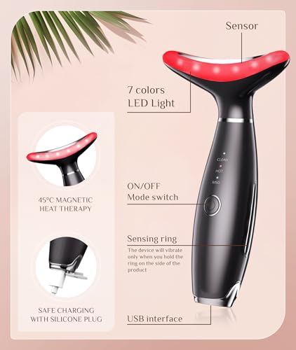 Dopsikn 7 Color Galvanic Machines - Red Light Therapy for Face and Neck, Face Massager Tool for Wrinkles, Double Chin, Vibrating Facial Massager with Thermals, Black