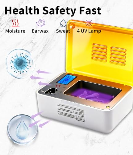 Hearing Aid Dryer Dehumidifier，Hearing Amplifiers Drying Box with 5 Cleaning Kit Removes Moisture, Sweat, and Dust from Earbuds Hearing Aids, 4 Ultraviolet Light, Battery Test. (4UV+Tools) 4UV+Tools