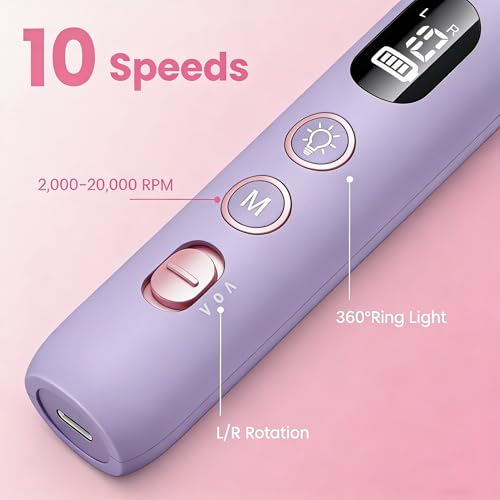 Electric Nail Drill,Purple Electric Nail File with 10 Speeds,10 Bits & LED Light,for Acrylic Nails,Gel Polish Removal,Thick Toenails–Beginner-Friendly