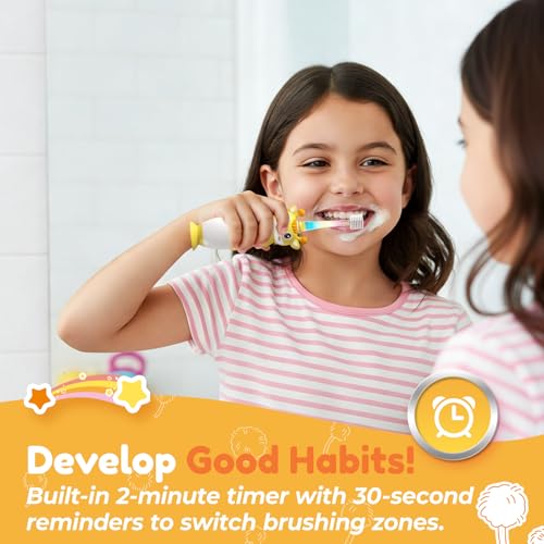 Toddler Electric Toothbrush, Baby Ages 3+ Battery Powered with Unique 360 Brush Head, Gentle Soft Bristles with Timer and LED Light, Vibrating Kids Toothbrush for Girls Boys (Giraffe) Yellow