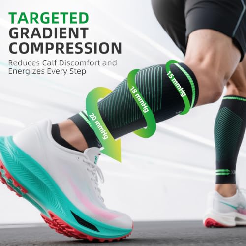 3 Pairs Calf Compression Sleeves for Women & Men 15-20 mmHg, Graduated Compression Socks for Running, Swelling Relief, Shin Splints & Varicose Veins Support, Anti-Slip Leg Sleeves Green L/XL