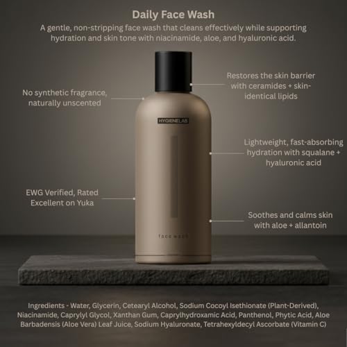 HygieneLab Face Wash – EWG Verified, Gentle & Hydrating Cleanser with Aloe, Niacinamide & Vitamin C, Removes Dirt Without Stripping Skin (5 fl oz)
