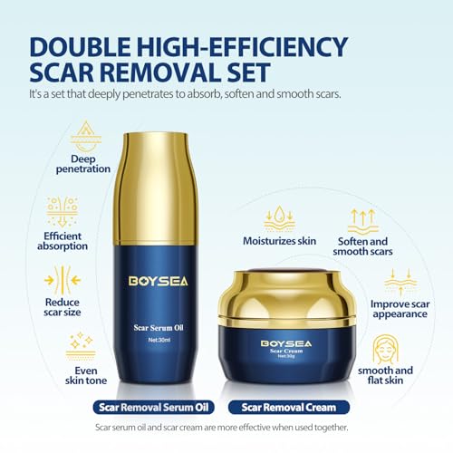 Boysea Scar Cream & Serum Oil, Advanced Scar Removal Set, Reduces Appearance of Keloids, C-Sections, Surgeries, Burns, Acne, 2 x 1.06 Oz Bottles