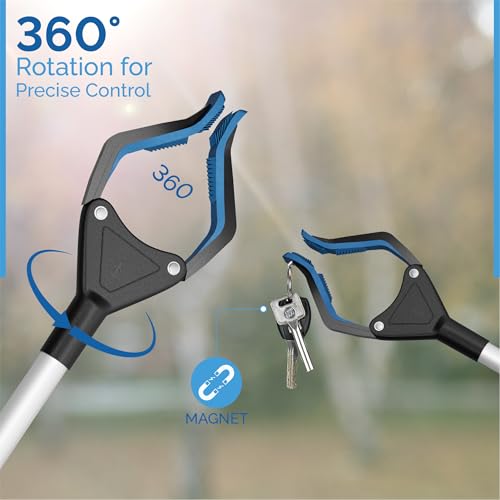 FitPlus 2024 Upgrade PowerGrip T9, Grabber Reacher Tool, Wide Jaw, Foldable, Steel Cable, with 96 Grip Points for Firm Grip, 32" with Magnet 32 Inch (Pack of 1) Blue
