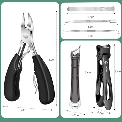 Toenail Clippers for Seniors Thick Toenails, CLPPNA Large Toe Nail Clippers Set for Men with Wide Jaw, Sharp Heavy Duty Ingrown Toenail Clippers Nail Cutter, Long Handle with Slanted Curved Blade 6PCS(Ingrown & Angled & Slanted）