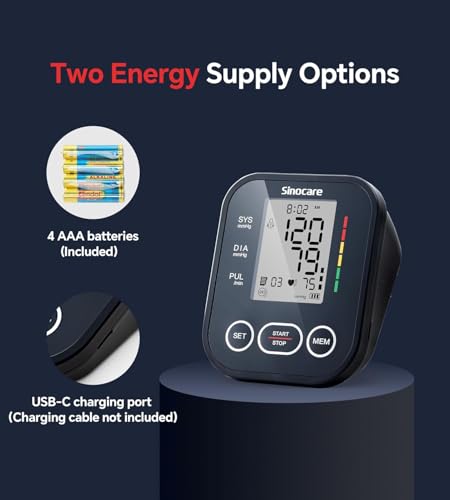 Sinocare Blood Pressure Monitor, Upper Arm Blood Pressure Monitors for Home Use, Adjustable Arm Cuff 8.6"-16.5", One-Button Operation, Dual User, Accurate & Practical (Black) Black