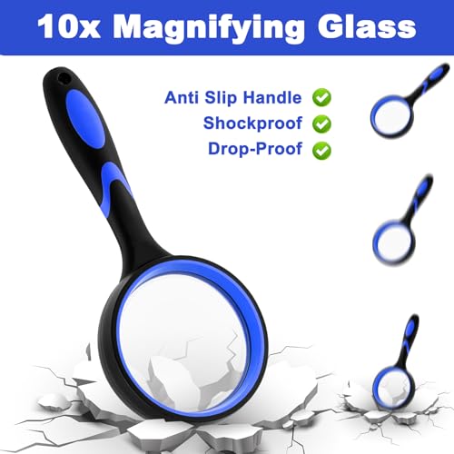 12 Pack Magnifying Glass, 50 mm 10 X Glasses Lens Reading Magnifier for Kids and Seniors, Non-Slip Handheld Magnifying Glass for Close Work, Nature Exploration