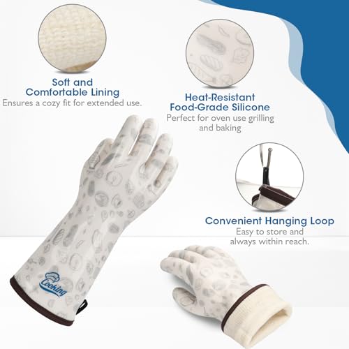 Oven Gloves with Fingers Heat Resistant Waterproof Long Sleeve for Cooking Grilling Baking Barbecue in Kitchen for Men & Women White Medium