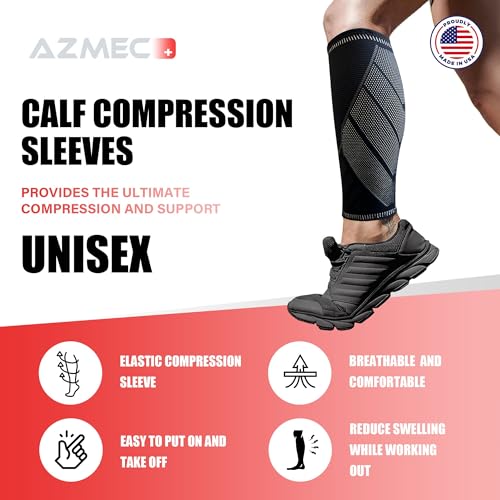 Azmec Compression Calf Sleeves Shin Splint Support, Leg Cramps, Leg Pain Relief, Running, Circulation and Recovery Unisex (1 Pair) Brace for Running, Nurses, Post Surgery, sports (Large) Large