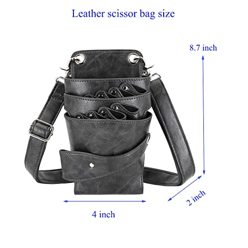 Scissors Bag- Soft Leather Salon Barber Hairdressing Scissor Shears Holster Hair Stylist Tools Bag with Waist Shoulder Belt Grey