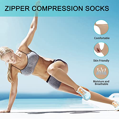 2 Pairs Zipper Compression Socks, 15-20 mmHg Closed Toe Compression Stocking with Zipper for Women and Men Beige*1+Black*1--Close Toe Small-Medium