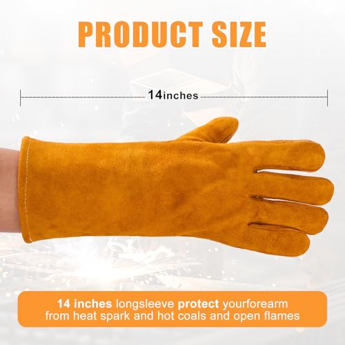 14IN Welding Gloves 932℉ Fire & Heat Resistant - Premium Leather Forge Gloves for Welder, Blacksmith, Fireplace, Wood Stove, Fire Pit, Grilling, Furnace 14IN Brone