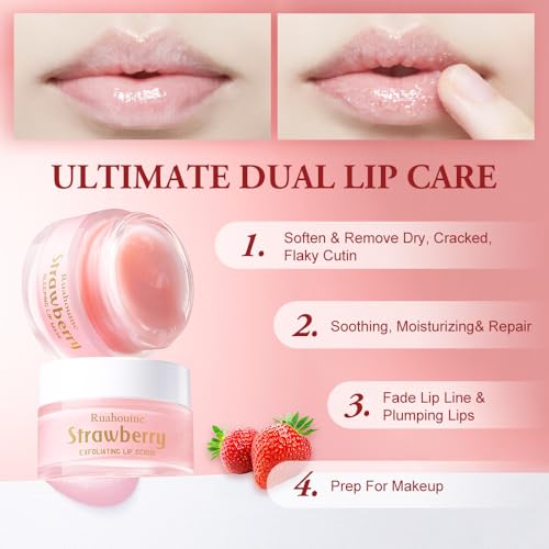 Strawberry Lip Scrub And Mask Set, Sugar Exfoliator Lip Scrub For Dark Lips To Lighten, Lip Care Kit, Sleeping Lip Mask, 1.4 oz / 2-piece