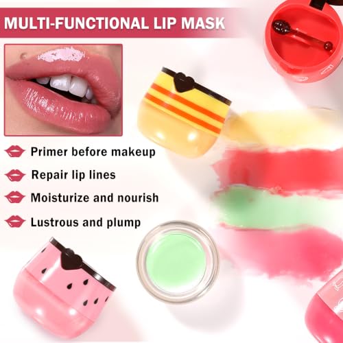 4PCS Bee Lip Balm Honey Pot Sleeping Lip Mask Set Honey Lip Balm Honey,Strawberry,Watermelon,Apple