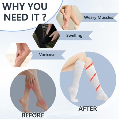 '+MD Cotton Compression Socks for Women & Men 4/6 Pairs 15-20mmHg Knee High for Sports, Travel, Nursing Long Sitting Standing 9-11 4 Pairs White Cushion 15-20mmhg