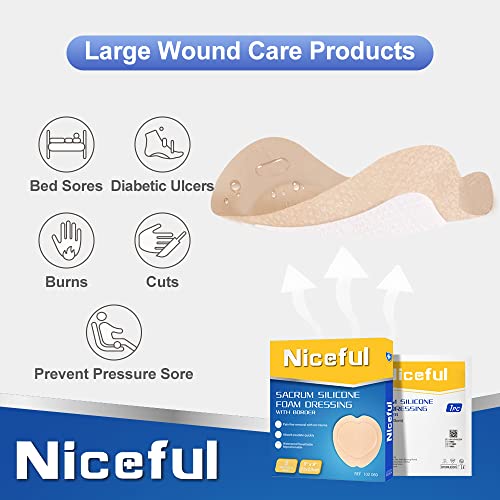 Niceful 5 Packs Sacral Silicone Foam Dressing 9x9 in, 10 Packs Hydrocolloid Dressing, Waterproof Foam Bandages for Sacrum Wound Sterile Wound Dressing