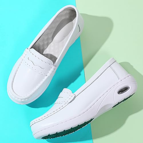 Women's Air-Cushion Orthopedic Slip-On Nurse Shoes Fashion Round-Toe Wedge Heel Thick-Soled Comfortable Arch Support Walking Loafers 5 White
