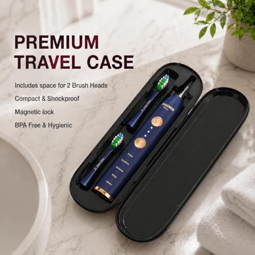 Wagner Stern WHITEN+ Electric Toothbrush, 48,000 VPM, Pressure Sensor, 5 Modes, 8 Brush Heads, Travel Case Royal Blue