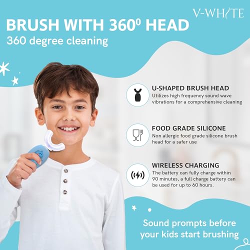 V-WHITE Ultrasonic U-Shaped Toothbrush for Teeth Whitening, Electric Toothbrush for Adults & Kids - 360° Mouth Cleansing - Wireless Charging & LED Light -Waterproof IPX7 Certified