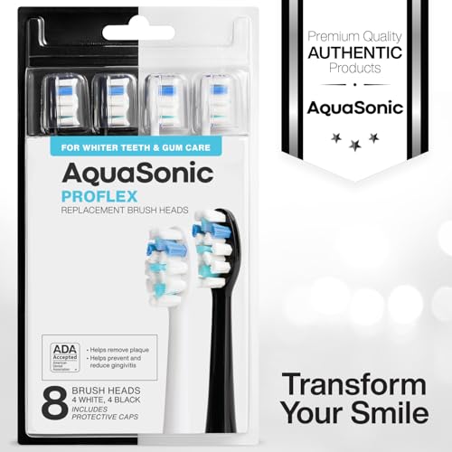 AquaSonic Genuine Proflex Replacement Brush Heads | ADA Accepted | for Whiter Teeth & Gum Care | Compatible with Duo Series PRO and Others (8 Pack Black & White)