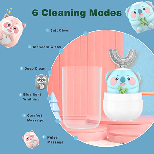 Kids Electric Toothbrush, U Shaped Toothbrush Kids Sonic Automatic Brush with 5 Brush Heads 6 Cleaning Modes IPX7 Waterproof Rechargeable Smart Timer for Children(Ages 2-7, Koala Cyan) Koala (Ages 2-7)