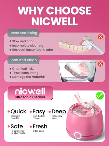 Dental Ultrasonic Retainer Cleaner Machine: Nicwell 200ML Dental Cleaning Pod for Denture, Mouth Guard, Night Guard, Braces, Tray, Aligner 45kHz Cleaner with Protection Design & Digital Timer Pink