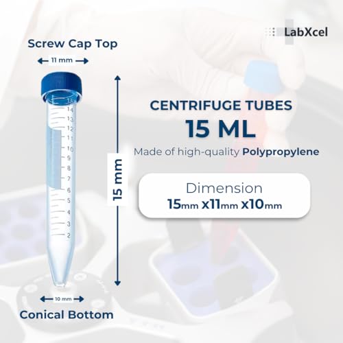 Polypropylene Conical Centrifuge Tubes - Plastic Test Tubes with Caps, Printed Graduation, Sterile, Blue Flat Screw Caps, for Medical and Laboratory Use (50, Conical 15ml with Tray) 50