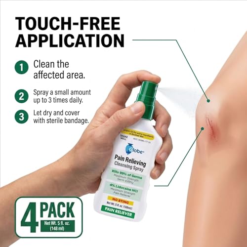 Globe Max Lidocaine Antiseptic Spray, No Sting, 4 Bottles, 5 oz 5 fl oz (Pack of 4)
