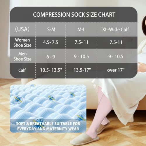 LEVSOX Cotton Compression Socks for Women&Men 20-30mmHg Knee High Cute Support Sock for Nurses Pregnancy Travel 2 Pairs-grey&pink Small-Medium