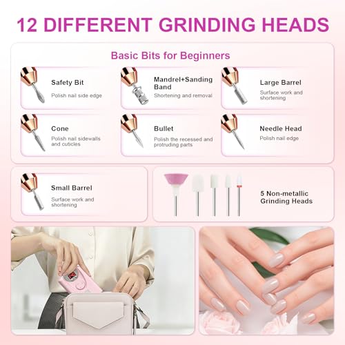 Professional Electric Nail Drill Kit 40000 RPM,Portable Nail Drill Electric File Cordless with 12 Drill Bits,Rechargeable Nail Drills Machine for Acrylic Gel Polishing Manicure at Home DIY Salon