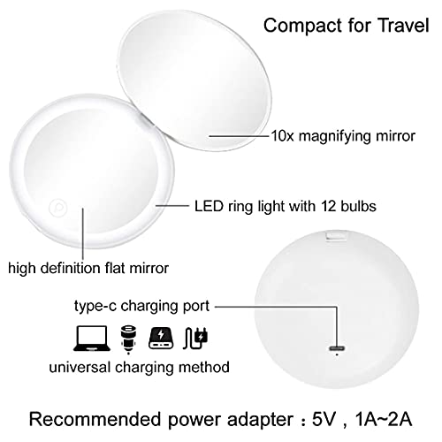 Compact Mirror with LED Light,1x/10x Magnifying Rechargeable Mirror,3.5in, Dimmable Travel Mirror for Purse,Pocket,Handheld 2-Sided Makeup Mirror Pink+white