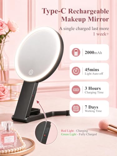 40X/1X Double-Sided Travel Magnifying Mirror with Light for Detailed Makeup Black-40x