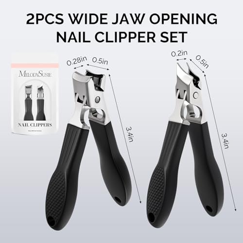 MelodySusie Wide Jaw Opening Nail Clippers Set, 2 pcs Toenail Clippers for Seniors Thick Nails, Anti-Splash Curved and Slanted Nail Clippers for Men Women, Fingernail Cutter with Catcher, Black 2pcs Nail Clippers