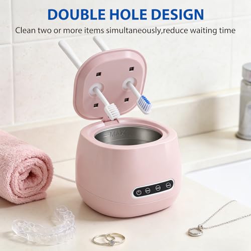 Dental Ultrasonic Retainer Cleaner Machine - 52kHz Dental Appliance Cleaner for Retainers, Dentures, Aligners, Mouth Guards, Toothbrushes & Jewelry, 200ML Pink, Quiet & Portable