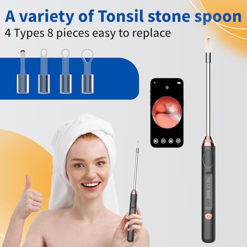 Tonsil Stone Remover with Camera，Tonsil Stone Removal Tool with LED Light，TonsilCleaner for Tonsil Stone Removal，Tonsillolith Removal Tool with 4 Head ，Attachments for iOS & Android