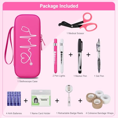 BOVKE 15 Pcs Stethoscope Case Kits Include Supplies, Portable First Aid Kit Bag Contains Stethoscope Case, Penlights, Bandage Wraps, and Other Nursing School Tool Essentials, Raspberry