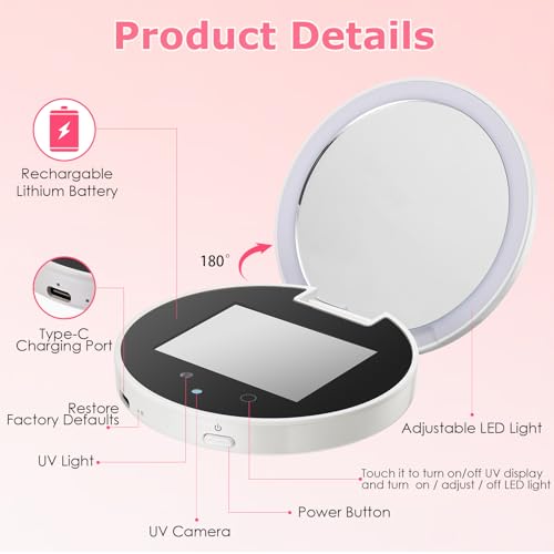 UV Camera for Sunscreen Test with 2X Magnifying Vanity Mirror 3.8 Inch White