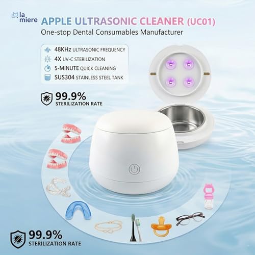 LA MIERE Upgraded 48kHz Ultrasonic Retainer Cleaner, 200ml Dental Cleaning Pod with 4 UV-C Lights & 4 Modes, Sonic Cleaner for Aligners Night Guard Mouth Guard Braces Toothbrush Jewelry, White