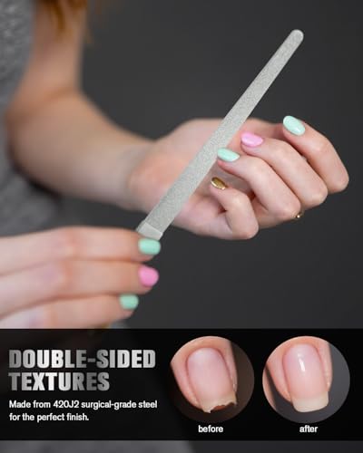 FERYES Stainless Steel Double Side Nail File with Anti-Slip Handle for Salon Home and Travel, Metal Manicure File for Women and Men, 4.8-Inch Filing Surface