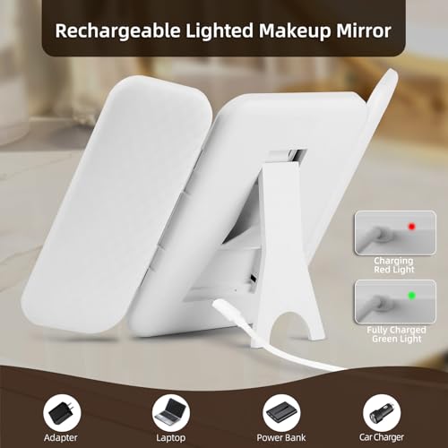 Tri-fold Vanity Mirror with Light,1X/5X/10X/20X/30X Makeup Magnifying Mirror with Lights,Rechargeable Travel Makeup Mirror with Foldable Stand,Dimmable in 3 Colors,Touch Control White