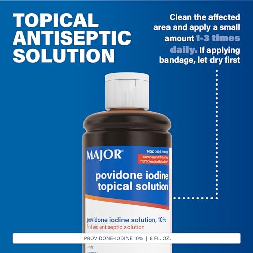 Major 10% Povidone-Iodine Liquid Topical Solution, USP - Topical Antiseptic for Cuts, Scrapes, Burns, and Minor Skin Wounds - 8 Fl. Oz. 8 Fl Oz (Pack of 1)