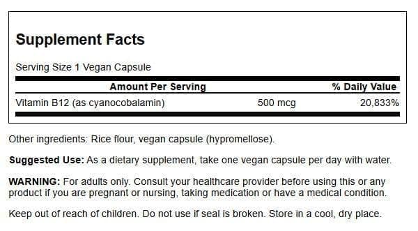Swanson Vitamin B-12 500 mcg 30 Capsules | Important for Energy Production, Metabolic Health, and Red Blood Cell Production, Supports Cardiovascular Health 30 Count (Pack of 1)