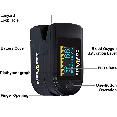 Zacurate 500 Series Fingertip Pulse Oximeter Blood Oxygen Saturation Monitor with Silicon Cover, Batteries and Lanyard (Mystic Black - OLED) Mystic Black - OLED