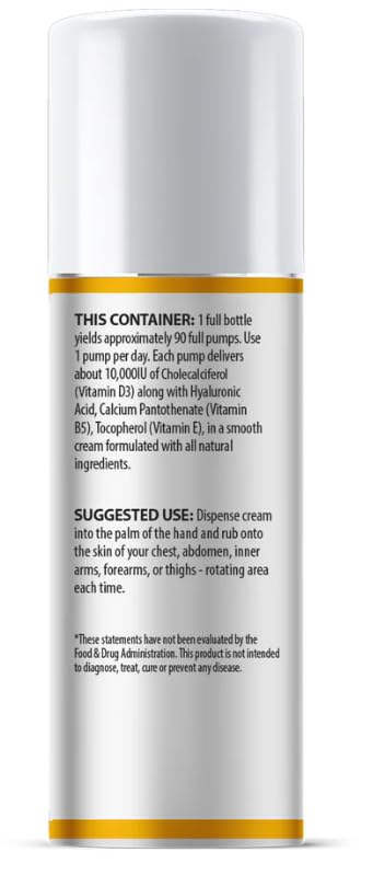 AnuMed Vitamin D3 10,000 IU Oil-Free Cream with Magnesium + Hyaluronic Acid, Vitamin E. Moisturizing Cream for Dry Skin. Non-Greasy, Non-GMO, 100% Vegan, Gluten-Free (3oz)