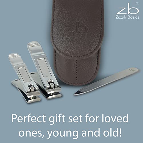 Zizzili Basics 3 Piece Nail Clipper Set and Pointed Tweezers for your Precision Needs - Fingernail & Toenail Clippers with Nail File and Brown Travel Case - Bundle