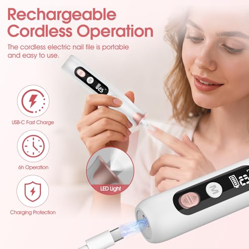 Haootadiy Electric Nail Drill File, Cordless Electric Nail Filer Buffer with Nail Drill Bits Sanding Bands Professional Manicure Pedicure Set for Nail Grind Trim Polish, for Women & Men