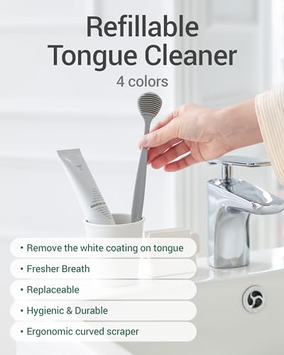 DEARCUS BPA Free TPE Tongue Scraper with 3 Replaceable Heads, Deep Gray + One Day Scrubber - for One Day Use, 60 Sheets Bundle