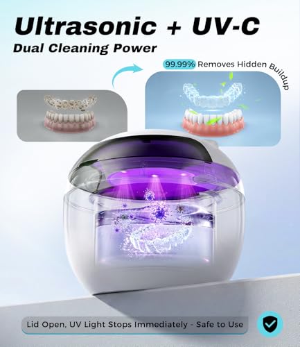 Ultrasonic Retainer Cleaner Machine, 45kHz Deep Gentle Dental Cleaning Pod with 304 Stainless Steel Tank, 4 Cleaning Modes for Aligners, Dentures, Mouth Guards, Night Guards, Toothbrush Heads White