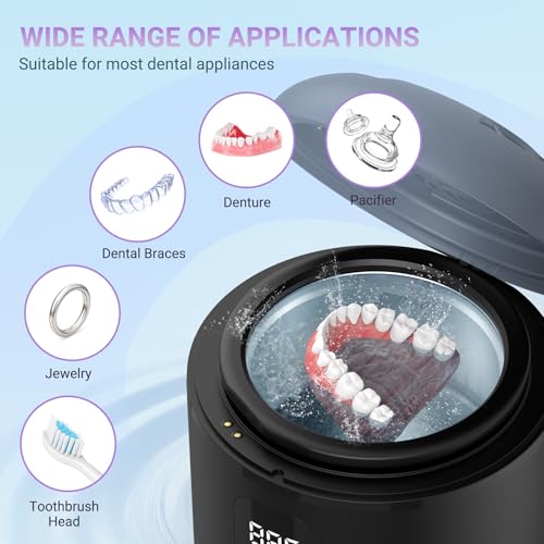 Ultrasonic Retainer Cleaner 25W Portable Ultrasonic Denture Cleaner Multi-Mode 45KHz with Drying and Removable Inner for Dental Trays, Braces, Jewelry, Toothbrushes, Mouth Guards, Aligners,Ring Black